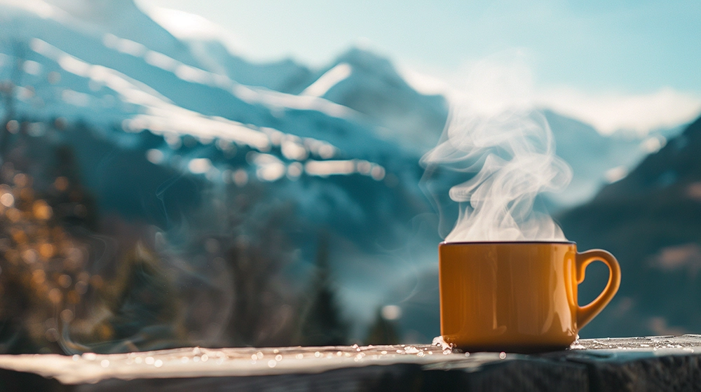 Cup of Coffee A steaming cup of Coffee in an Alpine setting.