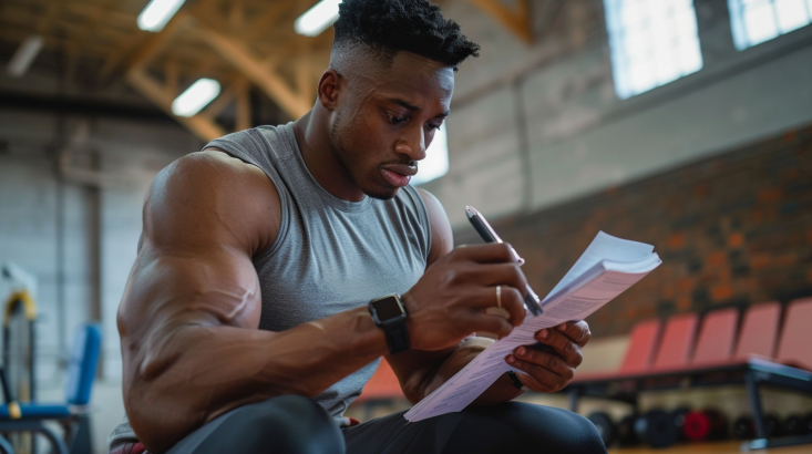A person studying textbooks and online courses, while also attending workshops and gaining practical experience in a gym setting