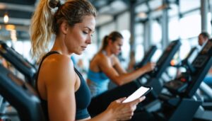 A woman using cell phone on treadmill